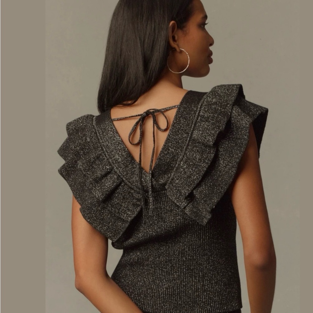 Anthropologie Black and Silver V-Neck Sweater with Ruffle Detail
